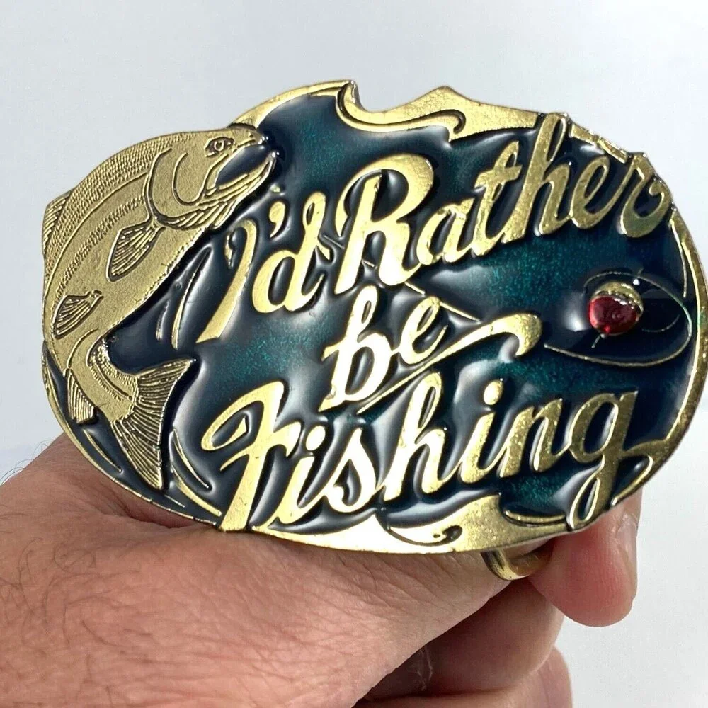 Vintage Belt Buckle Solid Brass 1985 I'd Rather‎ Be Fishing Bass Fish USA Made